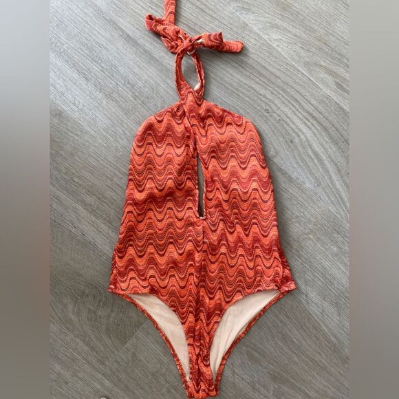 ZARA NWT Retro Wavy Print Halter One Piece Swimsuit Large Boho Keyhole Plunge - Picture 4 of 16